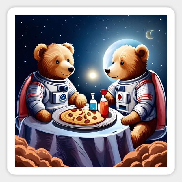 Two Teddy's in space suits having a romantic dinner on the Moon Sticker by Colin-Bentham